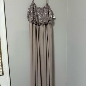 David's Bridal Sequin Top Gown in Taupe